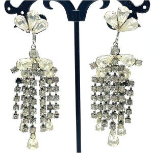 Layered Rhinestone Chandelier Earrings Silver Tone Glam Bling Sparkle Holiday